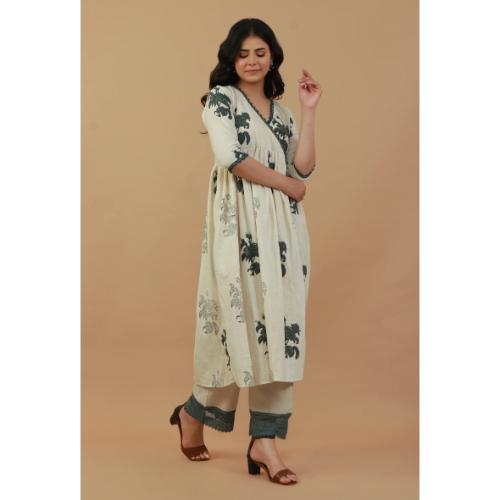 Hand Block Printed Angrakha Kurta with Lace Details and Straight Pants