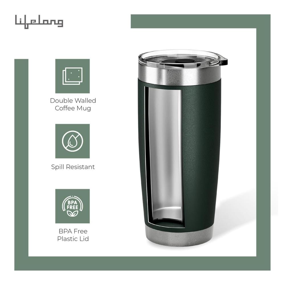 Lifelong Double-Walled Vacuum Insulated Coffee Mug 600ml| Keeps Drinks Hot for 8 Hours & Cold for 12 Hours | Durable Stainless Steel with Comfort-Grip(LLTBR06)
