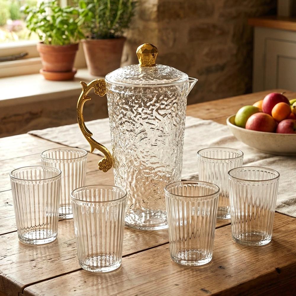 Elegant Textured Glass Water Jug With 6 Glasses Set (1 Set at 