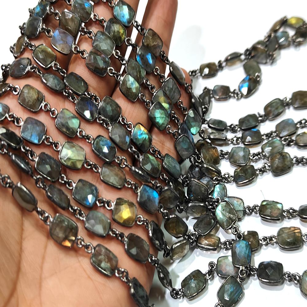 Natural Labradorite Blue Flashy Cushion Shape 8x10mm Bezel Connector Chain Sold Per Foot