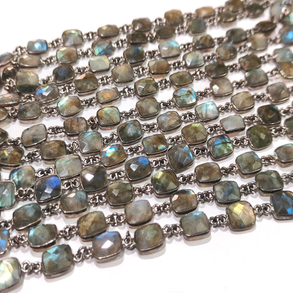 Natural Labradorite Blue Flashy Cushion Shape 8x10mm Bezel Connector Chain Sold Per Foot