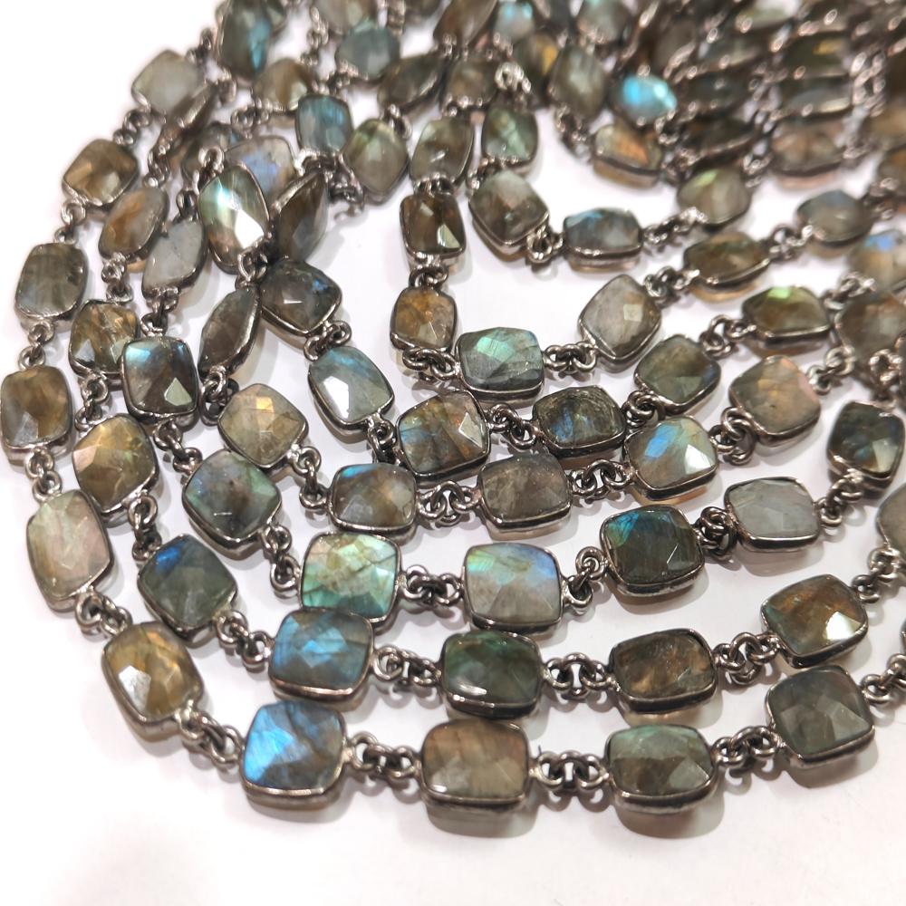 Natural Labradorite Blue Flashy Cushion Shape 8x10mm Bezel Connector Chain Sold Per Foot