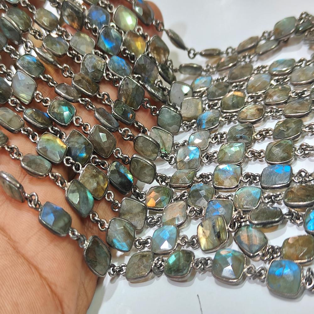 Natural Labradorite Blue Flashy Cushion Shape 8x10mm Bezel Connector Chain Sold Per Foot