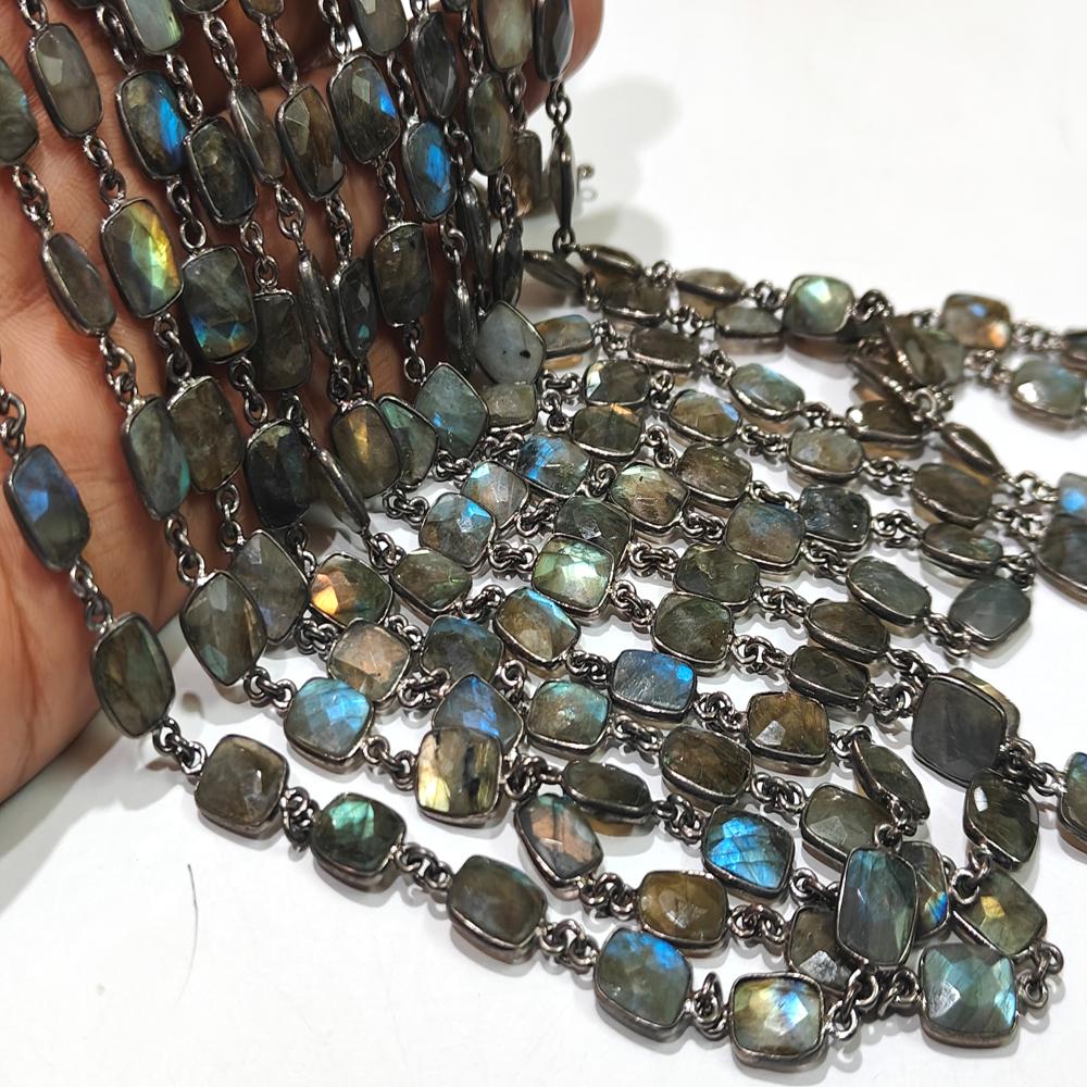 Natural Labradorite Blue Flashy Cushion Shape 8x10mm Bezel Connector Chain Sold Per Foot