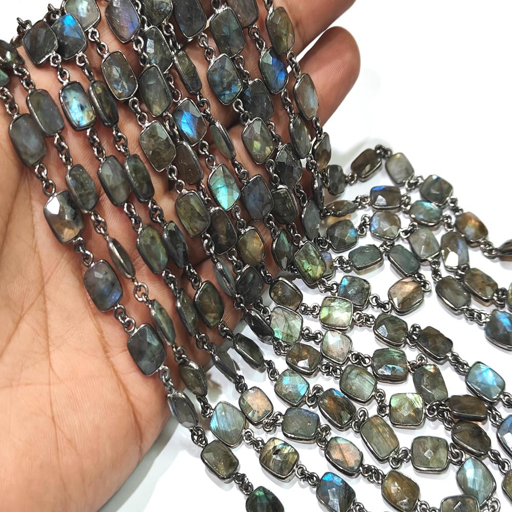 Natural Labradorite Blue Flashy Cushion Shape 8x10mm Bezel Connector Chain Sold Per Foot