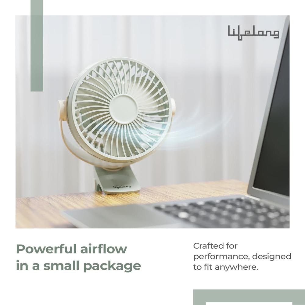 Lifelong Portable USB Fan with 3 Speeds | Up to 5-hours Battery Backup | Type-C Charging, 2000mAh Battery, Overcharge