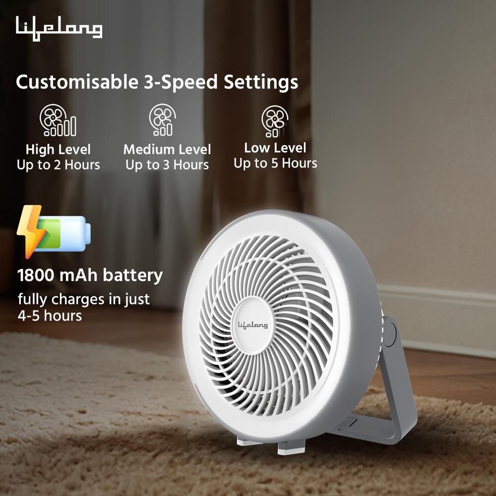 Lifelong USB Table Fan 180W - Rechargeable & 5-Hr Battery Backup - Portable Fan, High-Speed Fan, Charging Fan, Battery(LLUSBTF03)