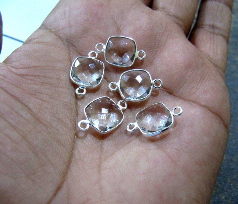 Natural Rock Crystal Quartz Cushion Square Shape 10mm Briolette Double Loop Bezel Connector Charms