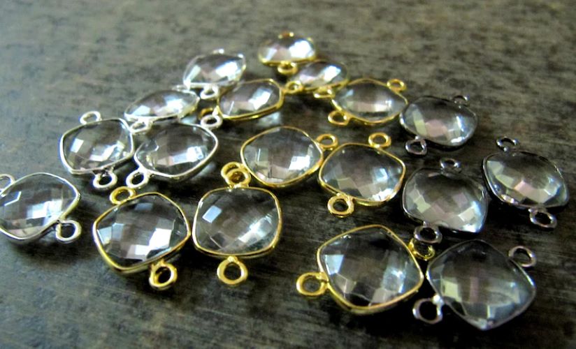 Natural Rock Crystal Quartz Cushion Square Shape 10mm Briolette Double Loop Bezel Connector Charms