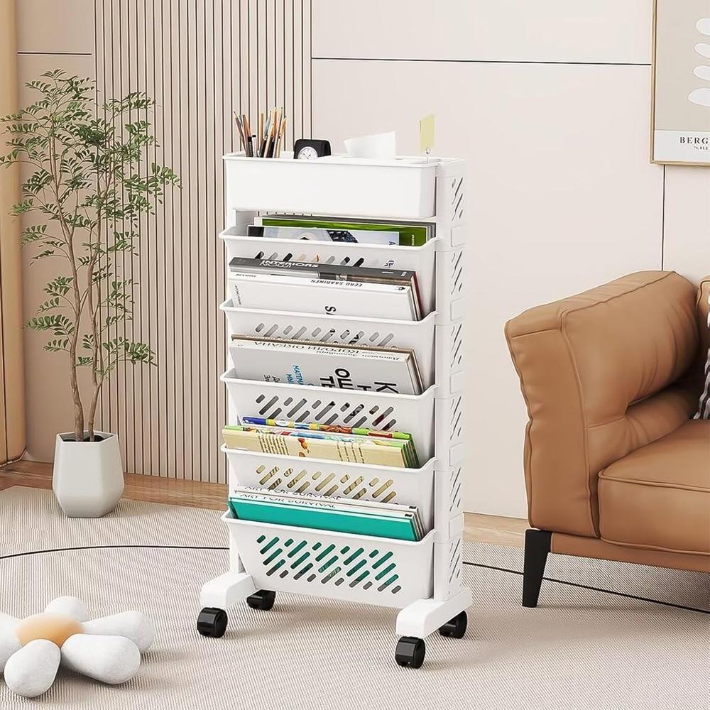 Movable Bookshelf, Large Capacity Rotatable Plastic Rolling Organization Shelf / Rack - Color: Mix