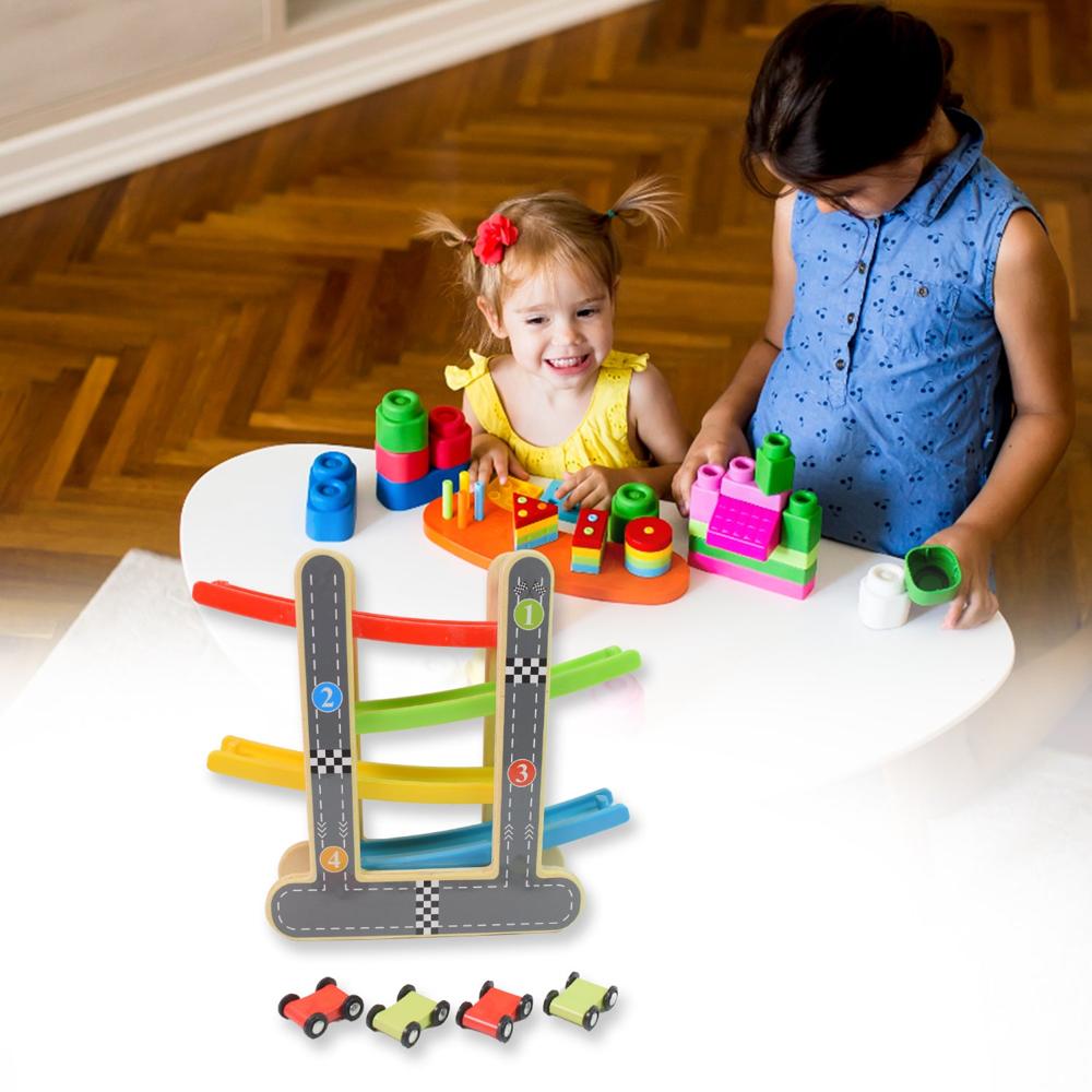 Car Racer Track Play Set Wooden Click Clack Toys With 4 Mini Racers (1 Set) - Color: Mix