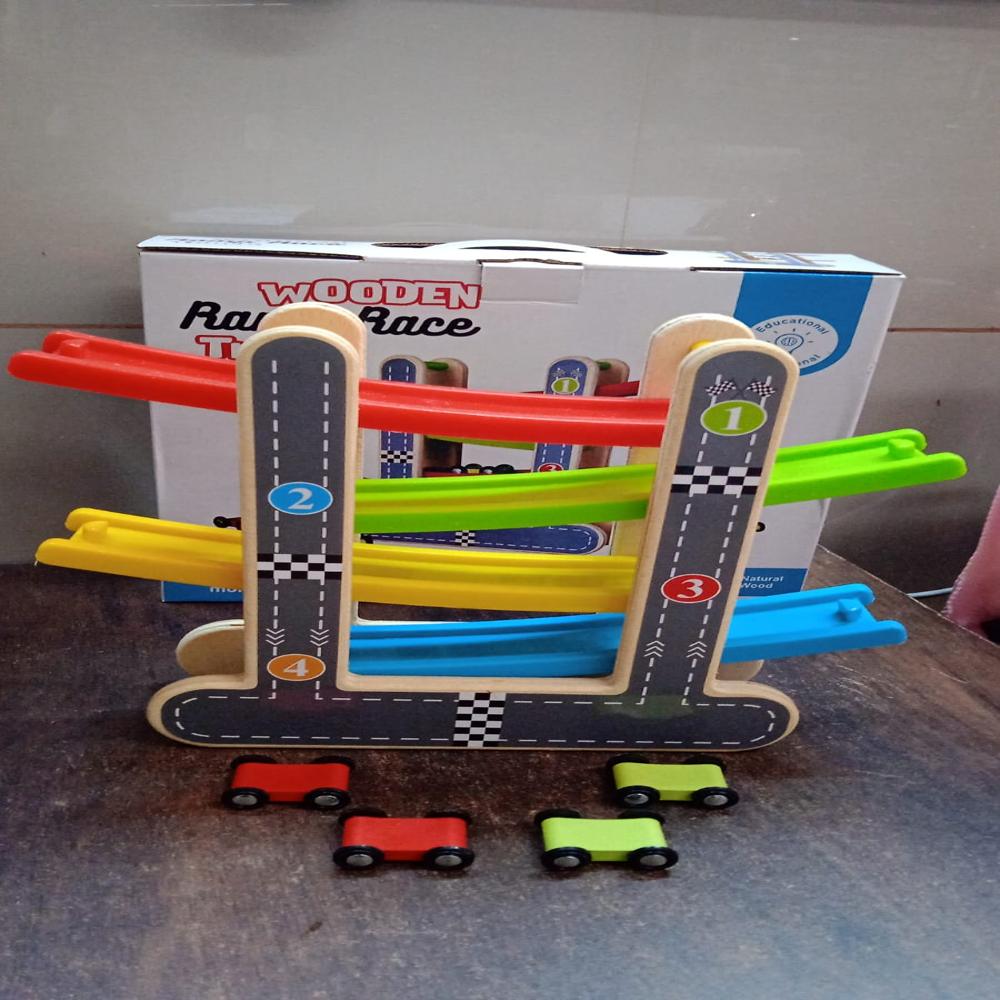 Mini Toy Rupees Car Racer Track Play Set Wooden Click Clack Toys With 4 Mini Racers (1 ...