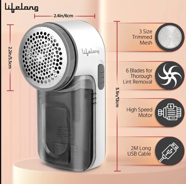 Lifelong 2-in-1 Lint Remover for Clothes with Brush - Fabric Shaver for Woollen Sweaters, Cotton Clothes, Sofa - Dust & Pet Hair Remover from Clothes - 2 Metre USB - Use with 5V-1A Adapter (LLELR18)