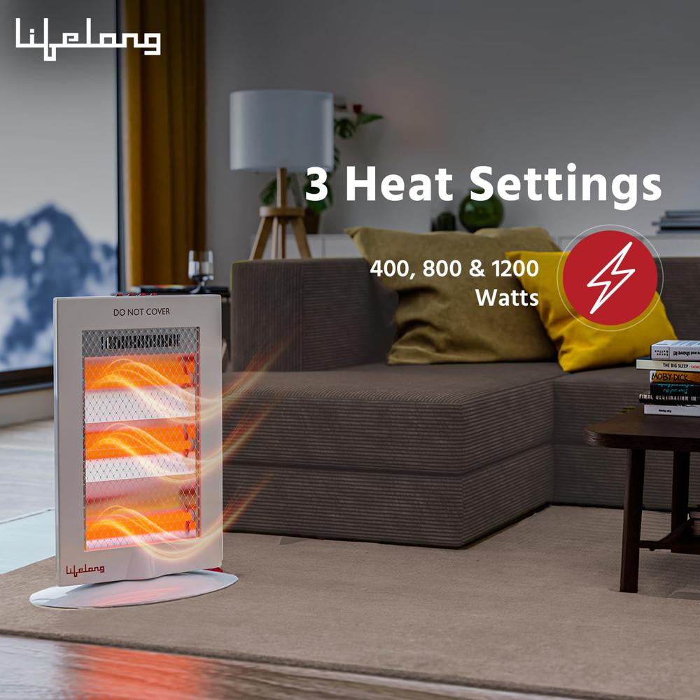 Lifelong Regalia Plus 1200 Watts Halogen Room Heater for Home with 3 Power settings | ISI Certified | Halogen Room Heater | Oscillation Function | 1 Year Manufacturer's Warranty (LLHH921, Grey)
