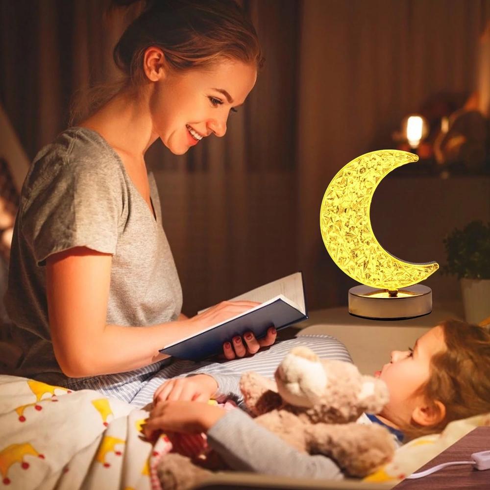 Moon Crystal Touch Table Lamp with 3 Color Dimmable USB Night Light