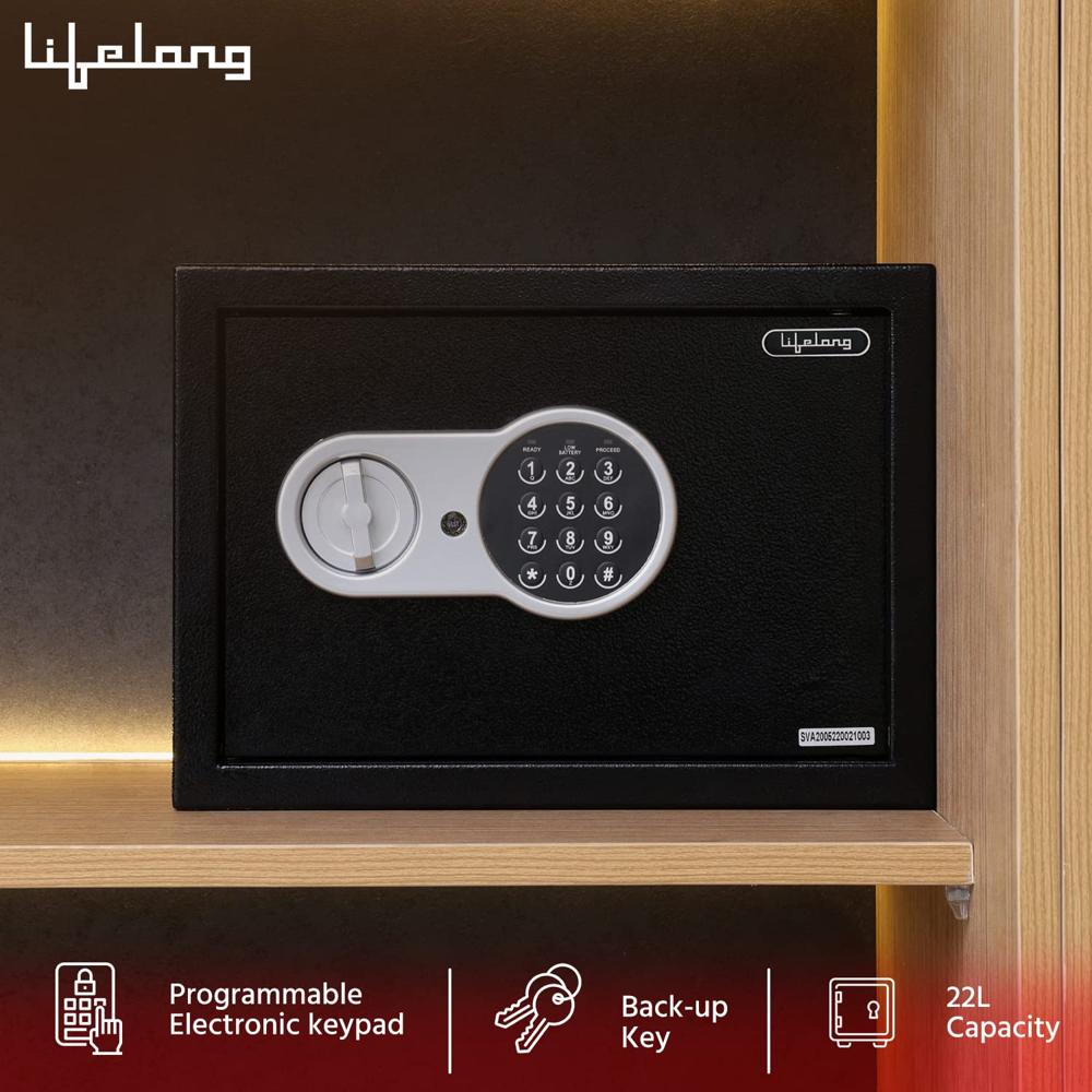 Lifelong 34 L Carbon Steel Digital Safe Locker Box For Home & Office | Inbuilt LED Light | Essential Smart Home Locker for Gold, Jewellery, Cash | Tijori Box, Wardrobe Compatible, 1 Yr Warranty, Black(LLHSL12)