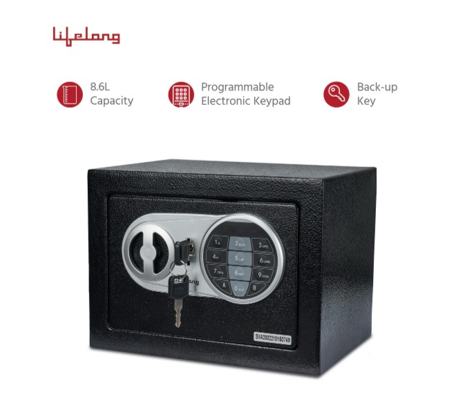 Lifelong Home Safe Locker with Key for Home, 8.6 Litre Capacity, 3 Live Bolts, 5mm Sturdy Metal Door(LLHSL03)
