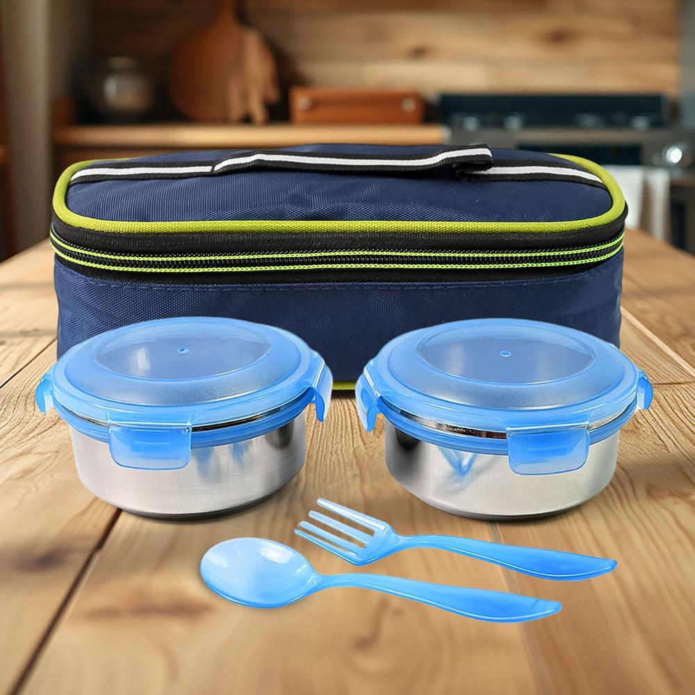Bite Lunch Box, With Insulated Fabric Lunch Bag & Plastic Spoon, Fork - Color: Mix