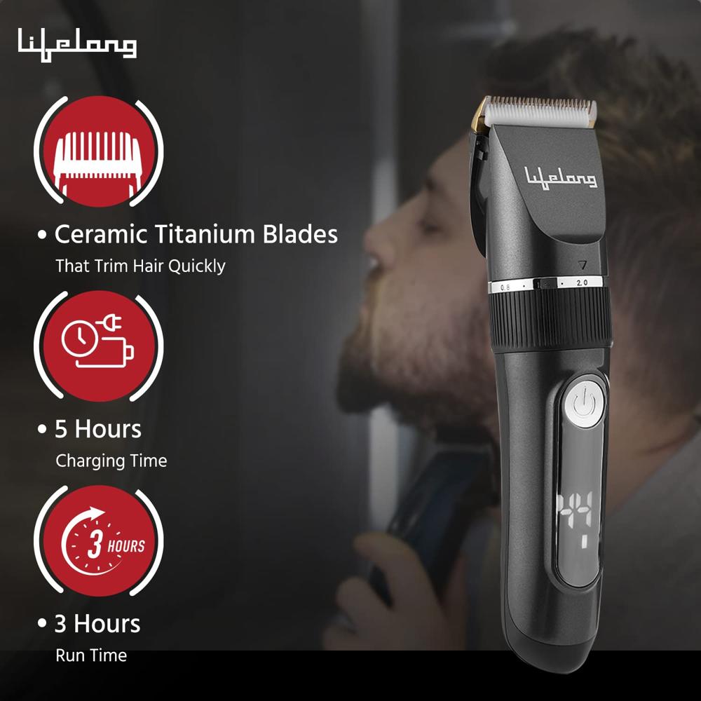Lifelong LLPCM17 Ace Pro Rechargeable Hair Clipper With Digital Display, 3 Hours Runtime, 6 Combs (3mm - 12mm)| Heavy Duty For Hair And Beard Cut (Black)