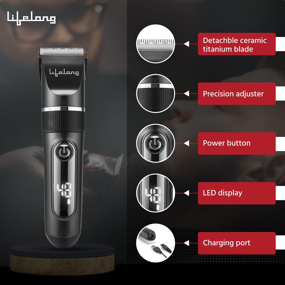Lifelong LLPCM17 Ace Pro Rechargeable Hair Clipper With Digital Display, 3 Hours Runtime, 6 Combs (3mm - 12mm)| Heavy Duty For Hair And Beard Cut (Black)