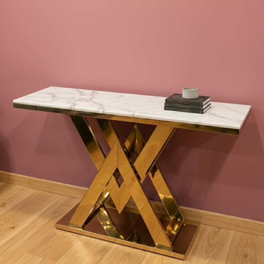 BEEDS A145 Luxury Marble Top Console Table with Designer Gold Metal Base Modern Entryway