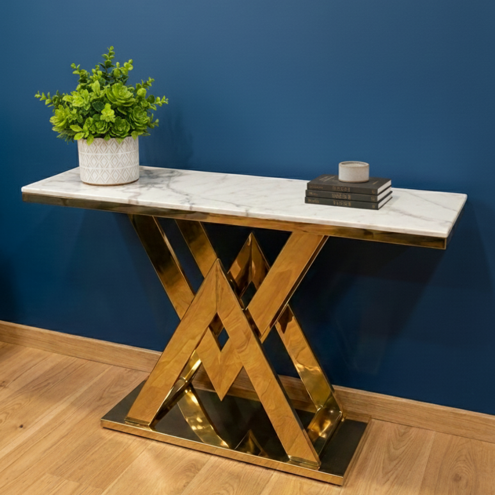 BEEDS A145 Luxury Marble Top Console Table with Designer Gold Metal Base Modern Entryway