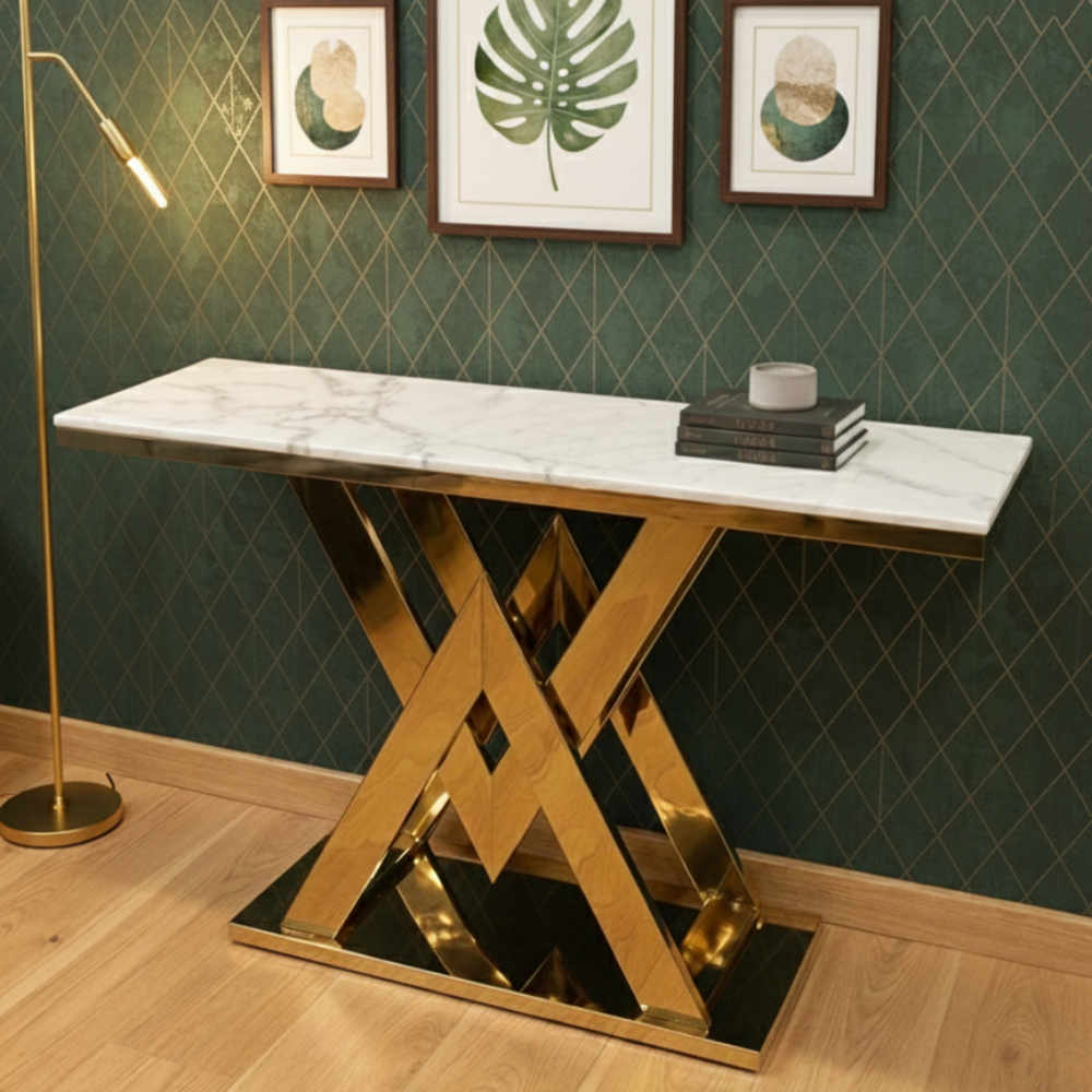 BEEDS A145 Luxury Marble Top Console Table with Designer Gold Metal Base Modern Entryway