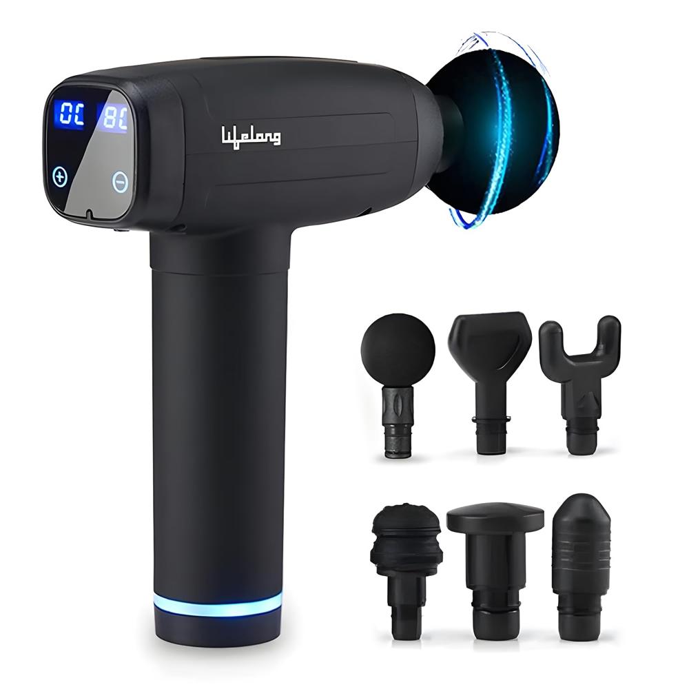 Lifelong Gun Massager | Percussion for Full Body Pain Relief | 6 Heads | LED Touch | 30 Speed Levels | 1 Year Warranty (LLGM09, Black)
