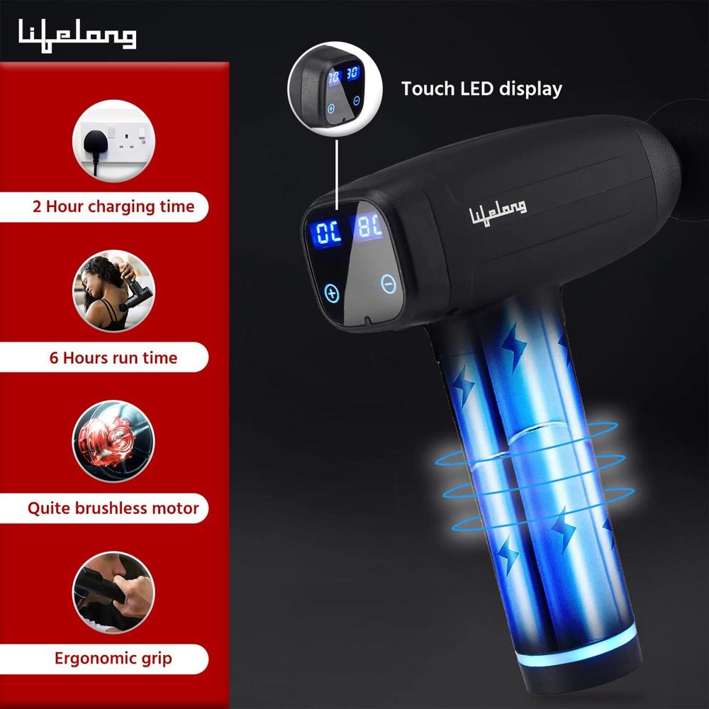 Lifelong Gun Massager | Percussion for Full Body Pain Relief | 6 Heads | LED Touch | 30 Speed Levels | 1 Year Warranty (LLGM09, Black)