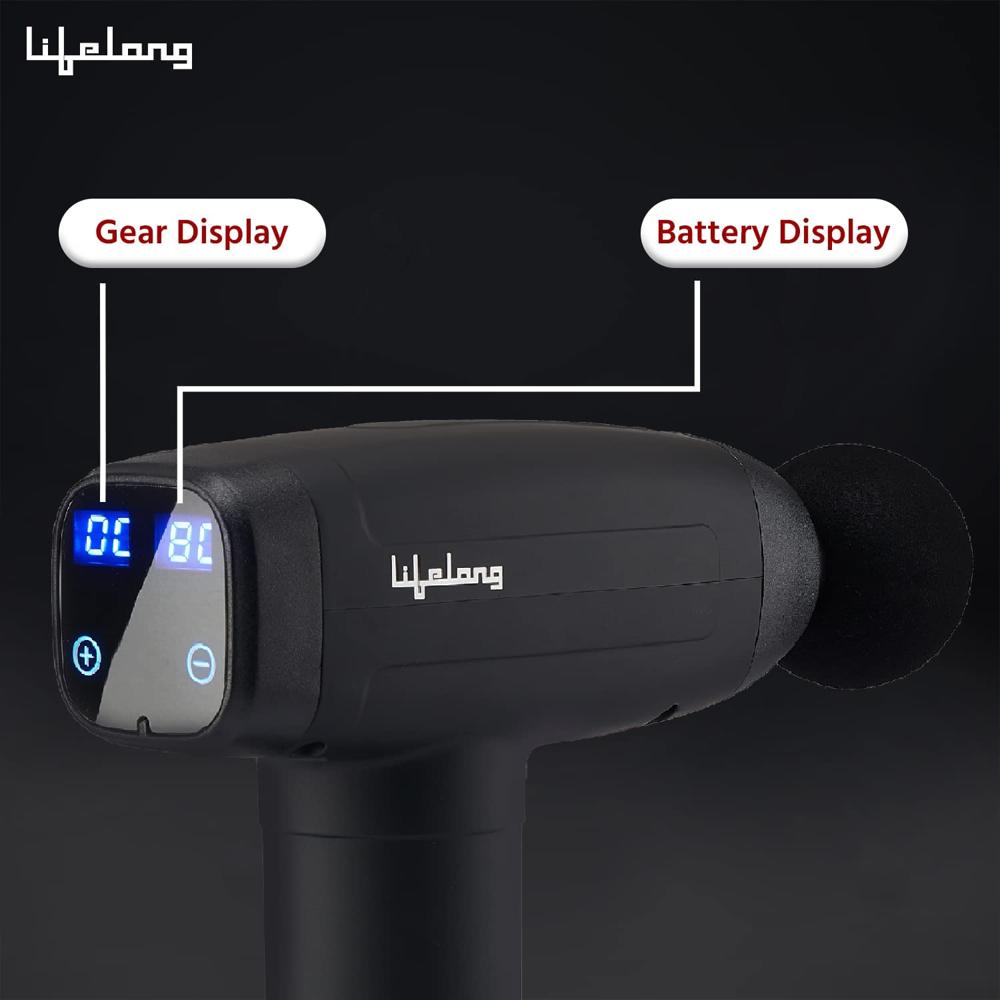 Lifelong Gun Massager | Percussion for Full Body Pain Relief | 6 Heads | LED Touch | 30 Speed Levels | 1 Year Warranty (LLGM09, Black)