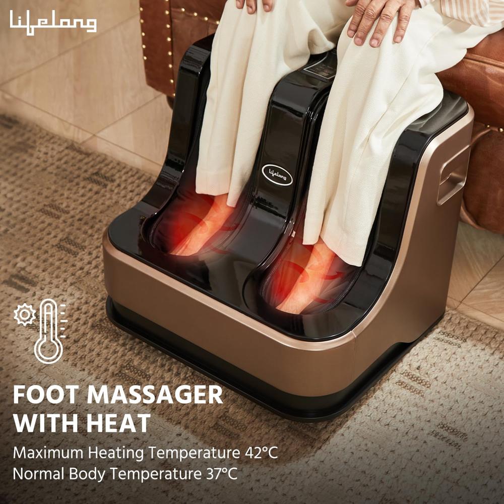 Lifelong LLM99 Foot, Corded Electric Massager for Calf and Leg , (With Heat and Vibration), 80W, 4 Motors, Dark Brown