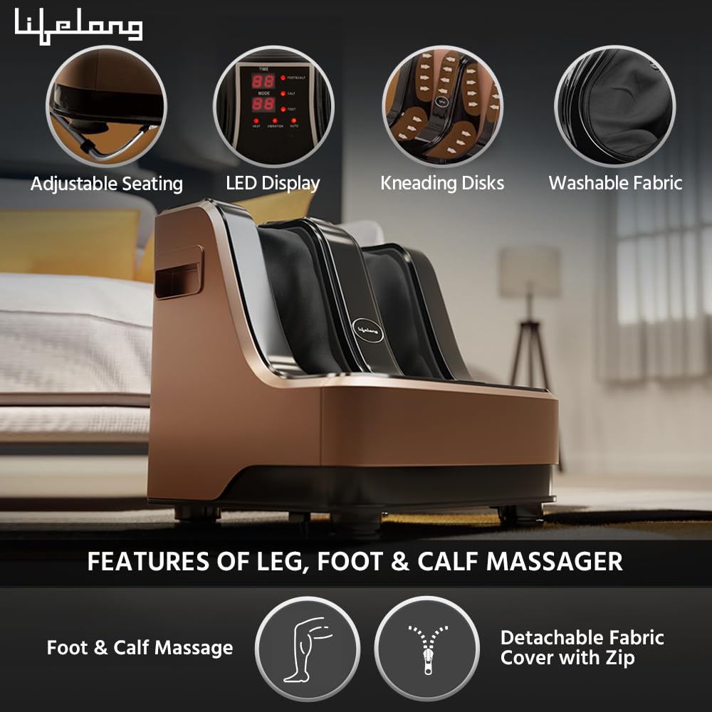 Lifelong LLM99 Foot, Corded Electric Massager for Calf and Leg , (With Heat and Vibration), 80W, 4 Motors, Dark Brown