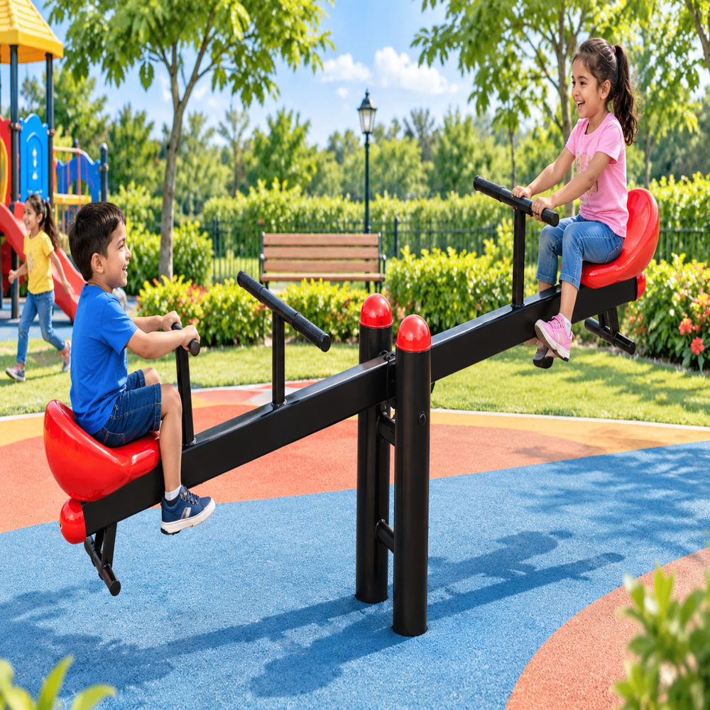 Outdoor Play Double Spring See Saw - Mild Steel, 5x1x1.5 ft, Yellow/Red, 4 Seater, Tunnel Included, Ergonomic Handles