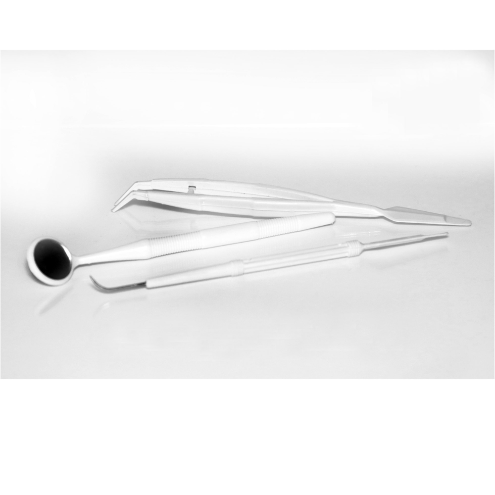 Dental Pmt Set - Plastic, Compact, White, Pre-sterilized | Fine-point Probe, Anti-fog Mirror, Tweezer, Non-slip Handle