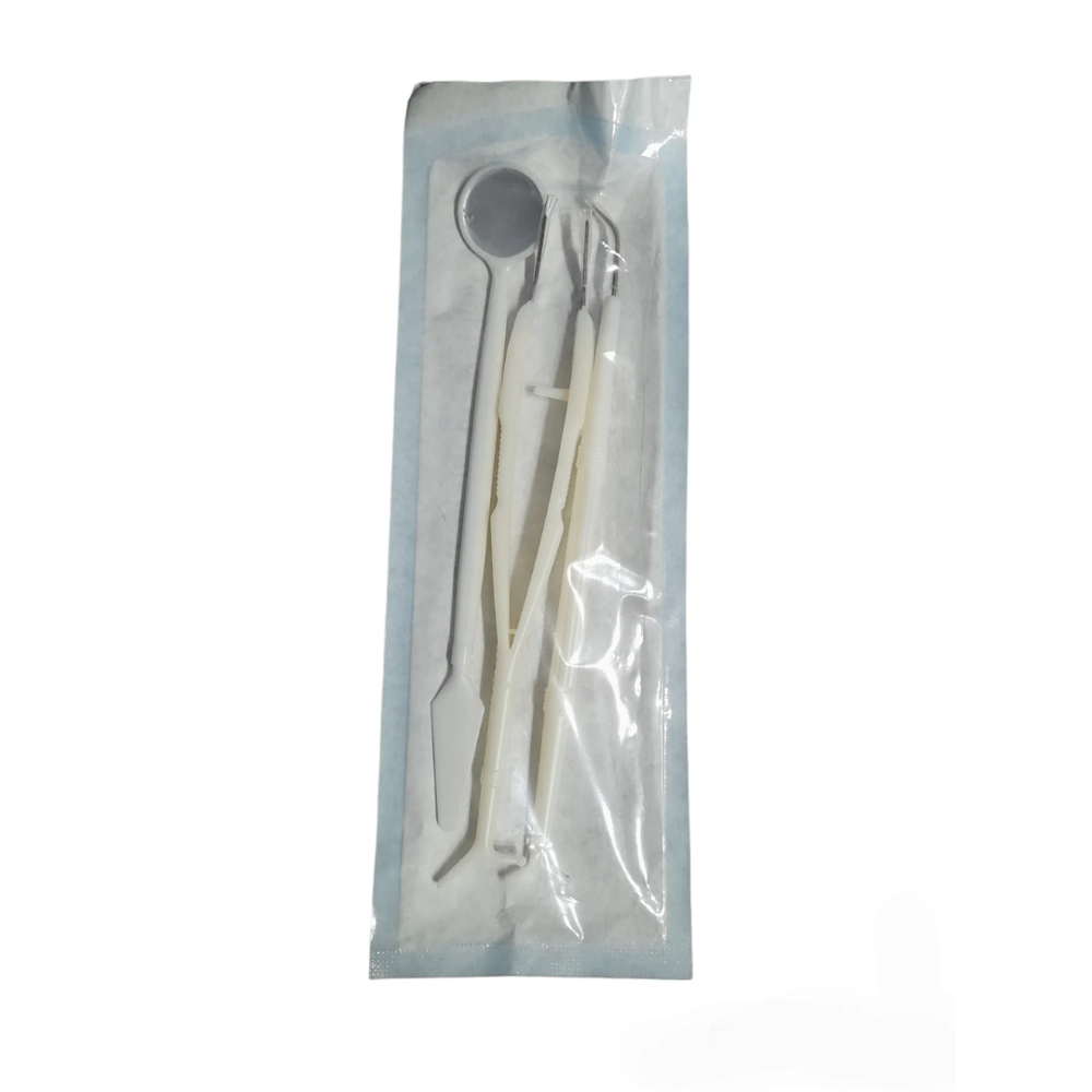 Dental Pmt Set - Plastic, Compact, White, Pre-sterilized | Fine-point Probe, Anti-fog Mirror, Tweezer, Non-slip Handle