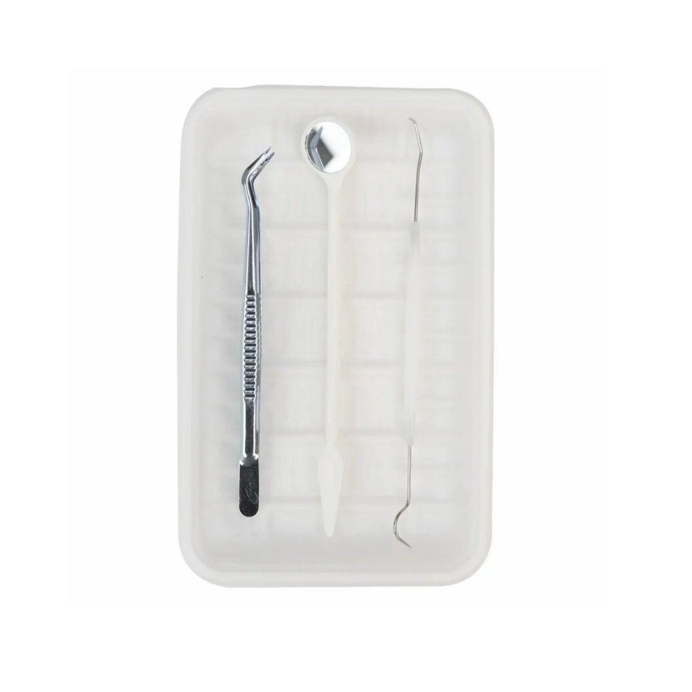Dental Pmt Set - Plastic, Compact, White, Pre-sterilized | Fine-point Probe, Anti-fog Mirror, Tweezer, Non-slip Handle