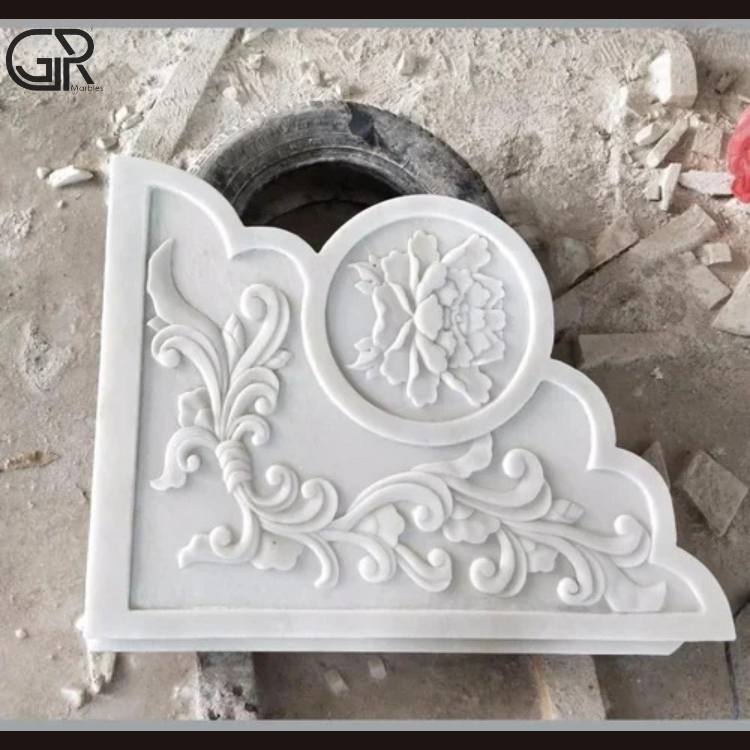 Designer Marble Carving - Makrana White Marble, Custom Size, White | Wall Mounted, Machine Carved, Glossy Raised Floral Motifs