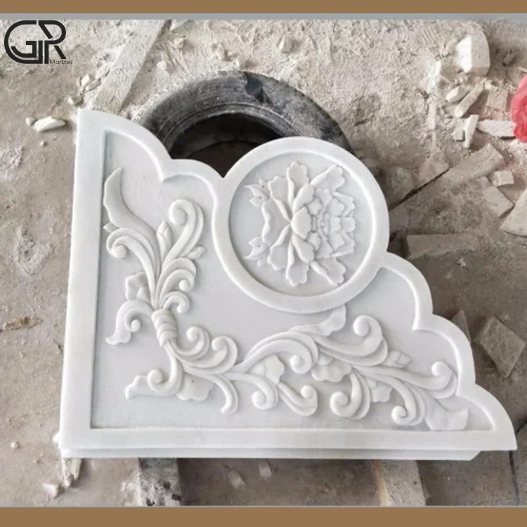 Designer Marble Carving - Makrana White Marble, Custom Size, White | Wall Mounted, Machine Carved, Glossy Raised Floral Motifs