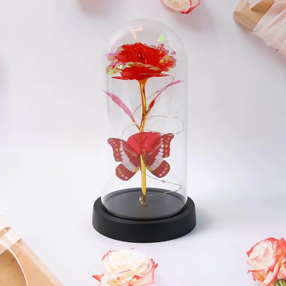 Elegant Led Eternal Rose In Plastic Dome (1 Pc / Battery Not Included) - Color: Mix