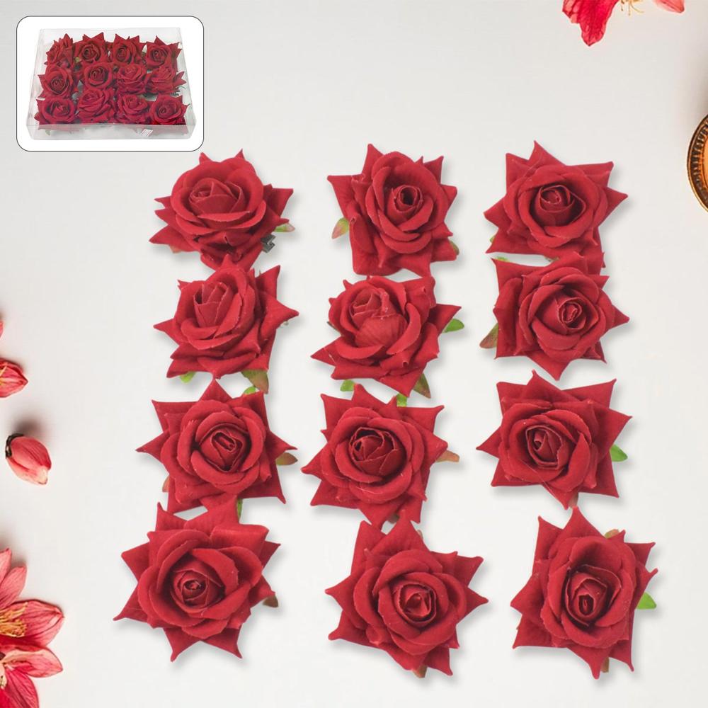 Flower Rose Hair Pin/Clip  Velvet Flower Design (12 Pcs Set, Red Color)