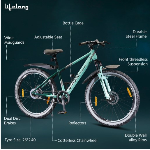 Lifelong Strong STRBC26 Bicycle for Men | Aluminium Stem| Steel Frame|Double Disc Brakes 26 T (inch) Mountain Cycle (Single Speed, Green, Rigid) STRBC26