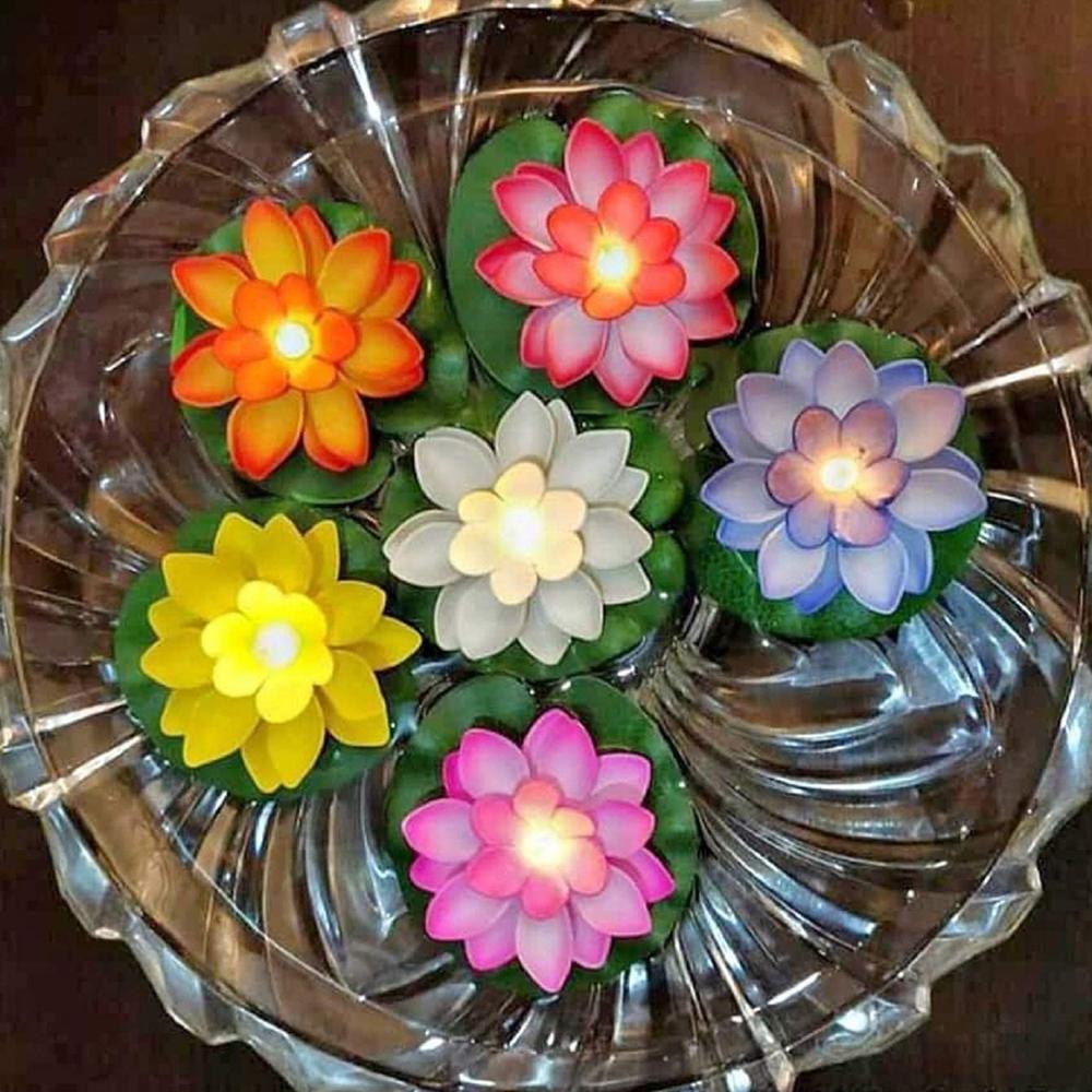 Water Floating Smokeless Candles & Lotus Flowers Sensor Led TeaLight (Pack of 6)