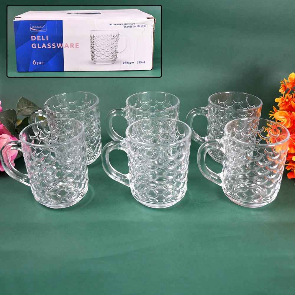 Glass Coffee & Tea Cup / Mug With Handle, Water Glass (6 Pcs Set / 225 Ml) - Color: Mix
