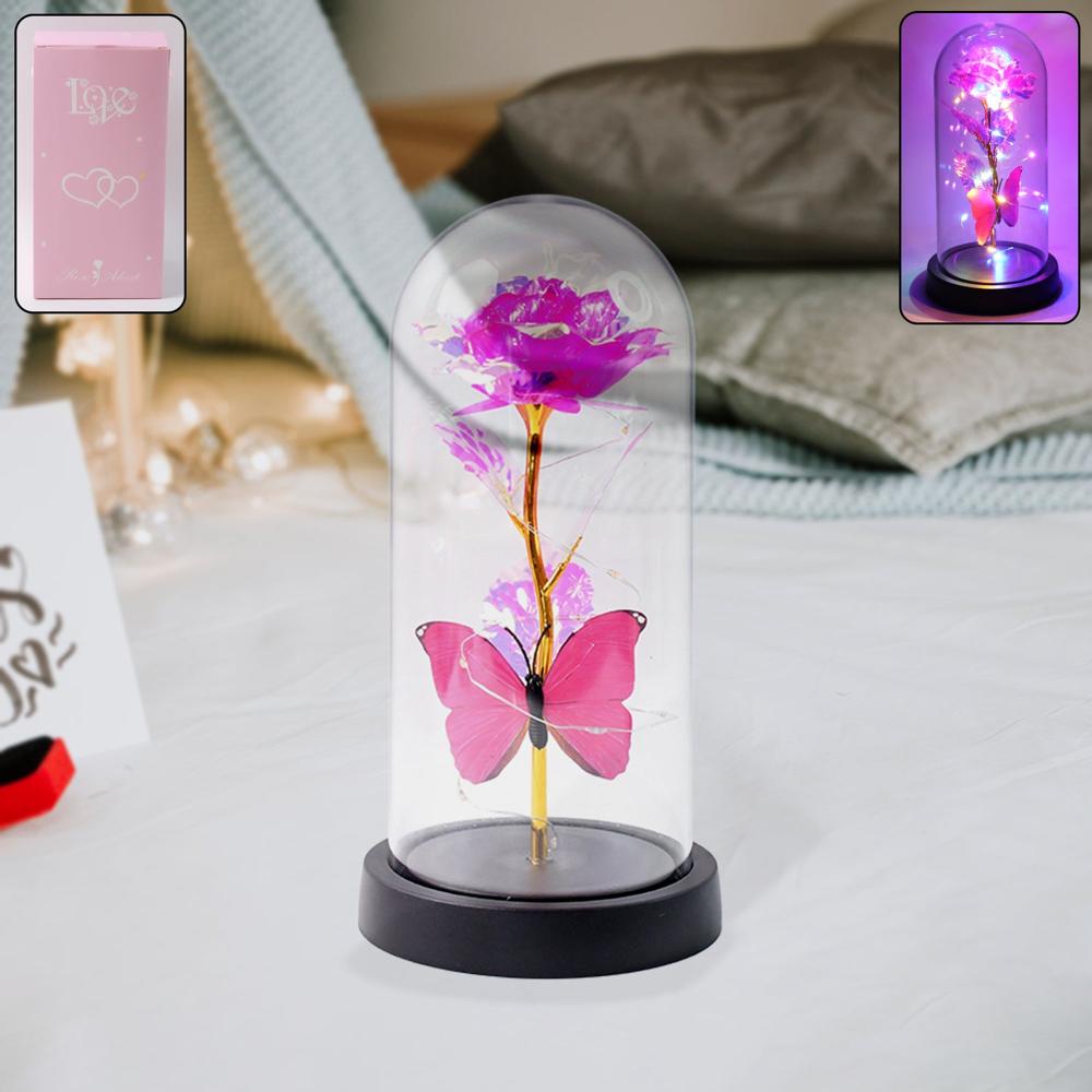 Led Decorative Rose With Butterfly In Transparent Plastic Dome (1 Pc) - Color: Mix