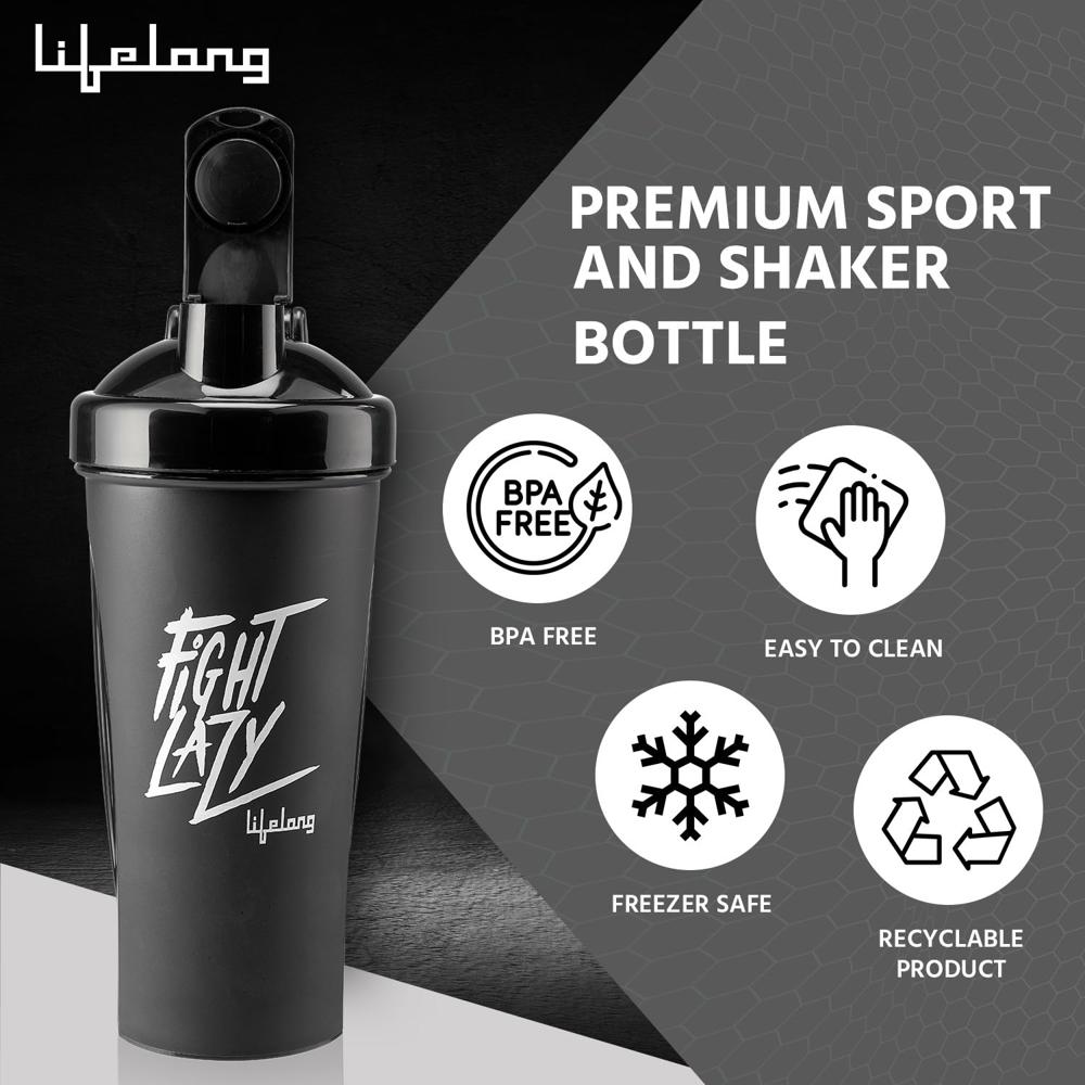 Lifelong Protein Shaker|100% Leakproof Stylish Protein Shaker Bottle|Sipper Bottle|Gym Bottle for Protein- 700ml (LLSHB04, Black) |Plastic