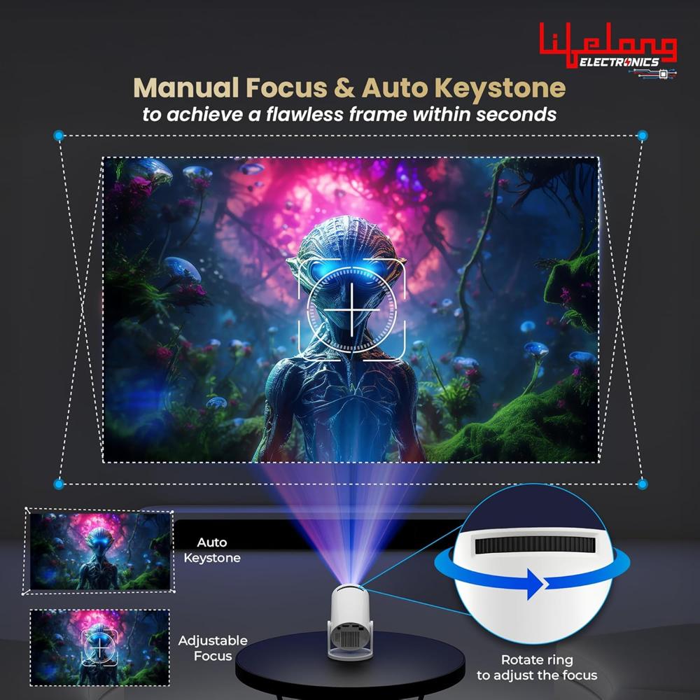 Lifelong Electronics Lightbeam Smart Projector | Android, 1080P& 4K Ultra Support, 3000 Lumens, 720p Native | for Room & Outdoors LLPJH20