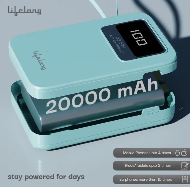 Lifelong AMPCHARGE 20000 mAh 22.5 W CompactPocketSize PowerBank 4 Input/Output Port (LLPBBWA20)