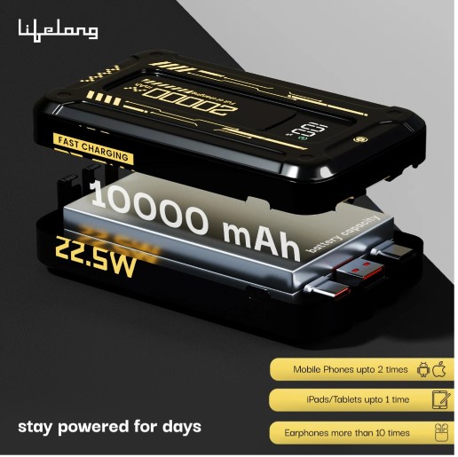 Lifelong 20000 mAh 22.5 W Compact Power Bank (Black, Lithium-ion, Fast Charging for Mobile, Speaker, Tablet) LLPBBWB20
