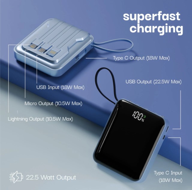 Lifelong Electronics 10000mAh 22.5W Fast Charging Power Bank | 3 Inputs (1 Built-in USB A Cable + LLPBVA10