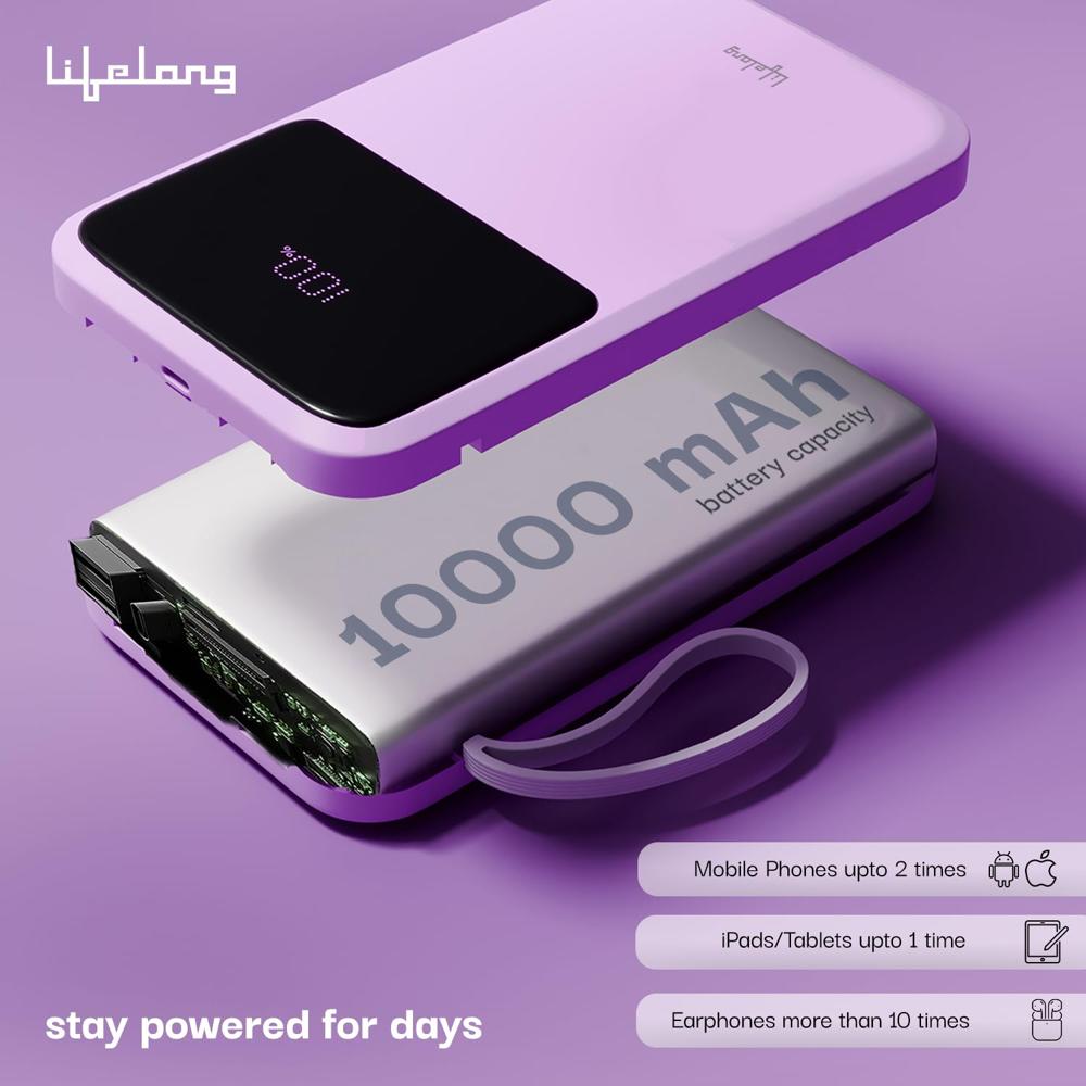 Lifelong Electronics 10000mAh 22.5W Fast Charging Power Bank | 3 Inputs (1 Built-in USB A Cable + 1 C + 1 Lightning Port) & 6 Outputs (3 Built-in Cables + 1 C + 2 A Port) | Small Pocket Size Powerbank  LLPBVA11